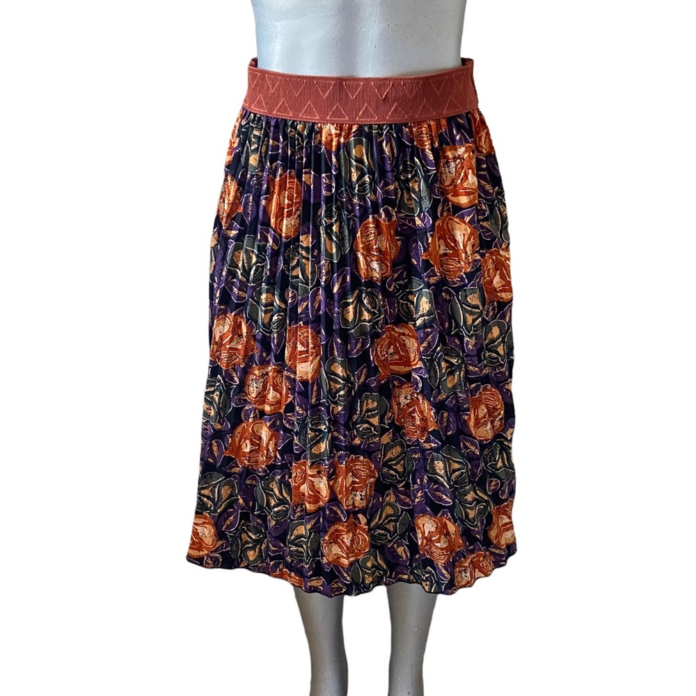 LulaRoe Pleated Midi Skirt Floral Rose Print Modest Whimsigoth Small Orange/Blue